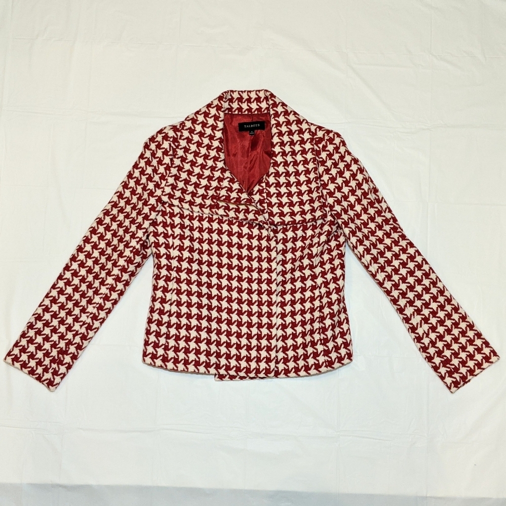Talbot's Red/Cream Houndstooth Zipper Jacket